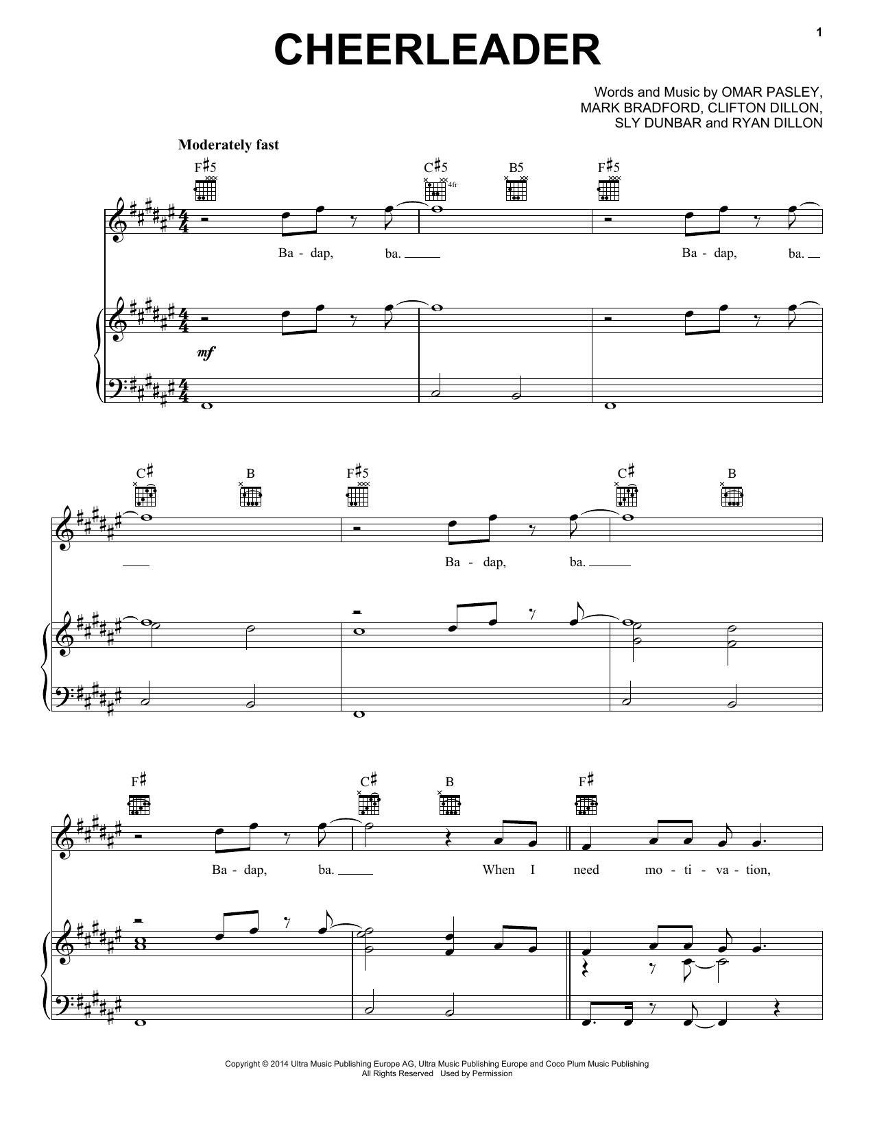 Pentatonix Cheerleader sheet music notes and chords arranged for Piano, Vocal & Guitar Chords (Right-Hand Melody)