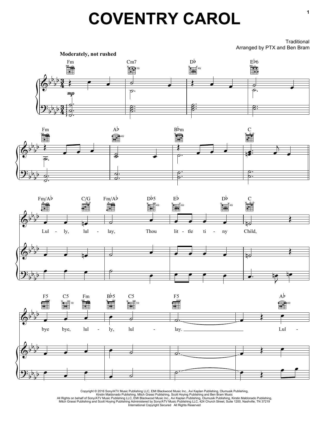 Pentatonix Coventry Carol sheet music notes and chords arranged for Piano, Vocal & Guitar Chords (Right-Hand Melody)