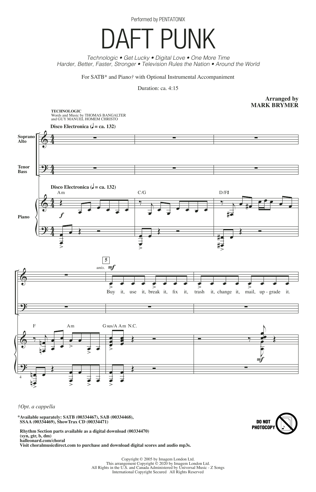 Pentatonix Daft Punk (Choral Medley) (arr. Mark Brymer) sheet music notes and chords arranged for SSAA Choir