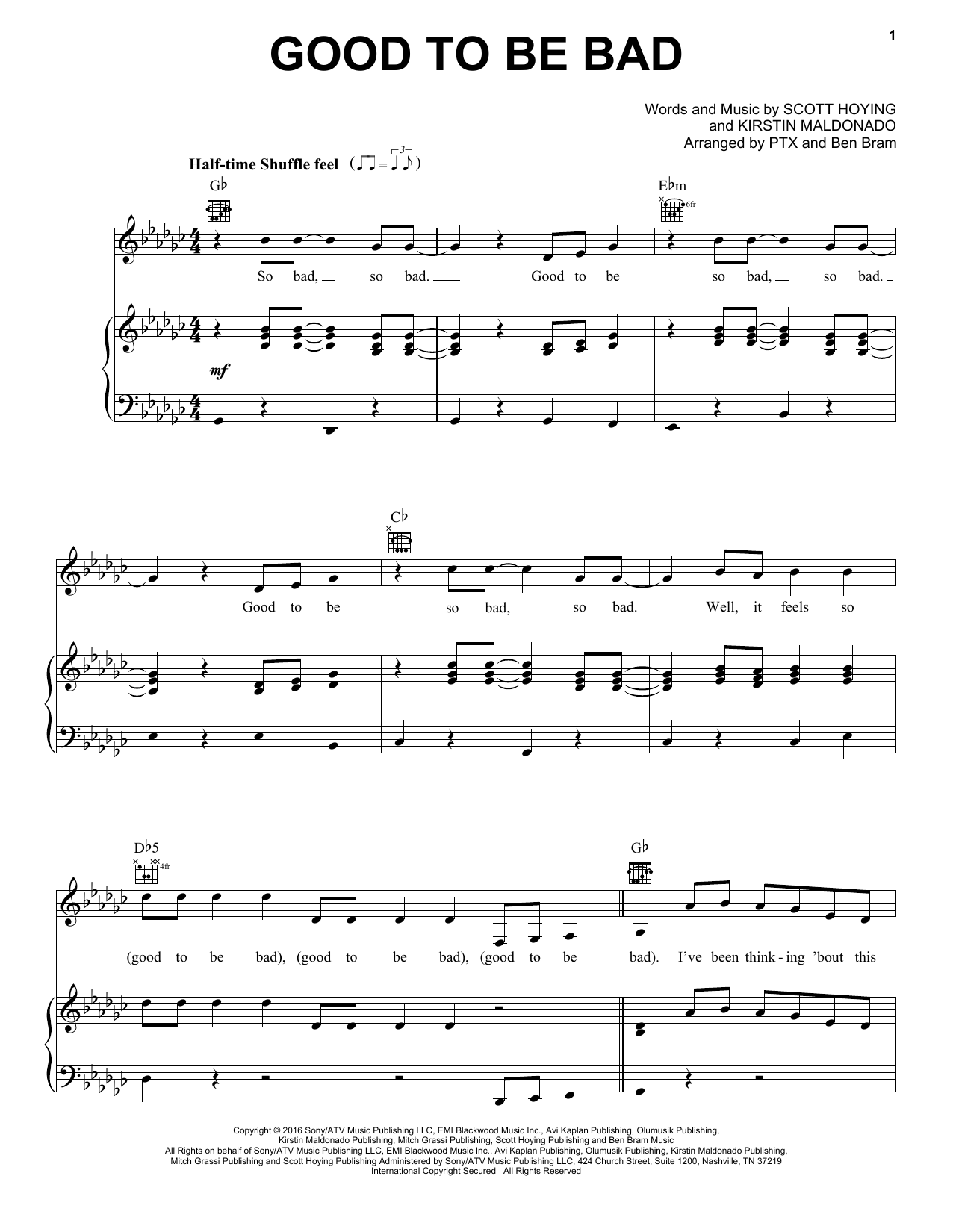 Pentatonix Good To Be Bad sheet music notes and chords arranged for Piano, Vocal & Guitar Chords (Right-Hand Melody)