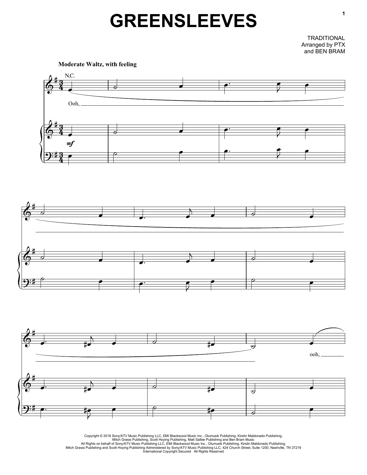 Pentatonix Greensleeves sheet music notes and chords arranged for Piano, Vocal & Guitar Chords (Right-Hand Melody)
