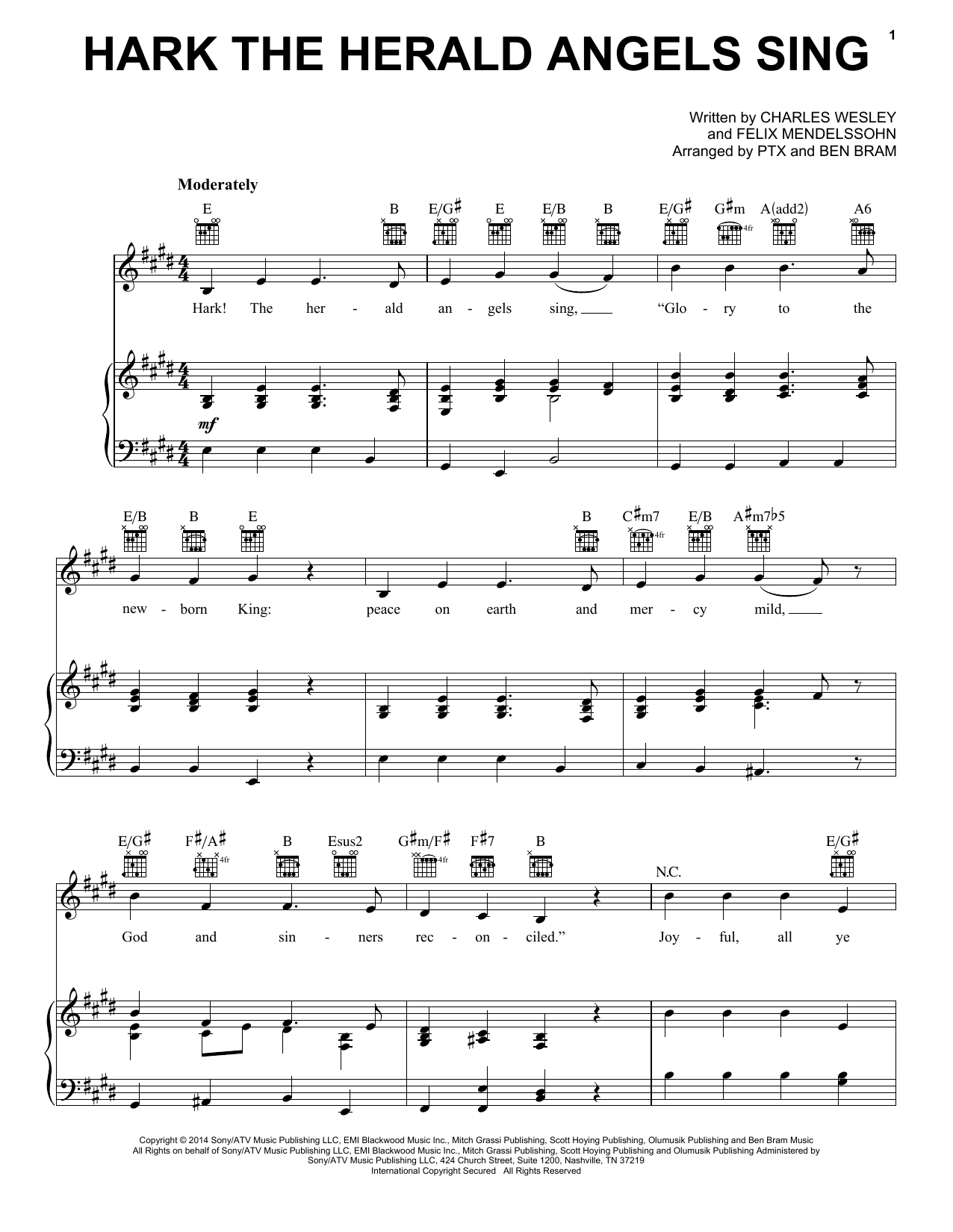 Pentatonix Hark! The Herald Angels Sing sheet music notes and chords arranged for Piano, Vocal & Guitar Chords (Right-Hand Melody)