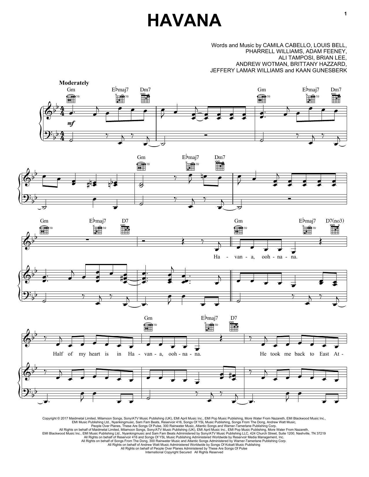 Pentatonix Havana sheet music notes and chords arranged for Piano, Vocal & Guitar Chords (Right-Hand Melody)