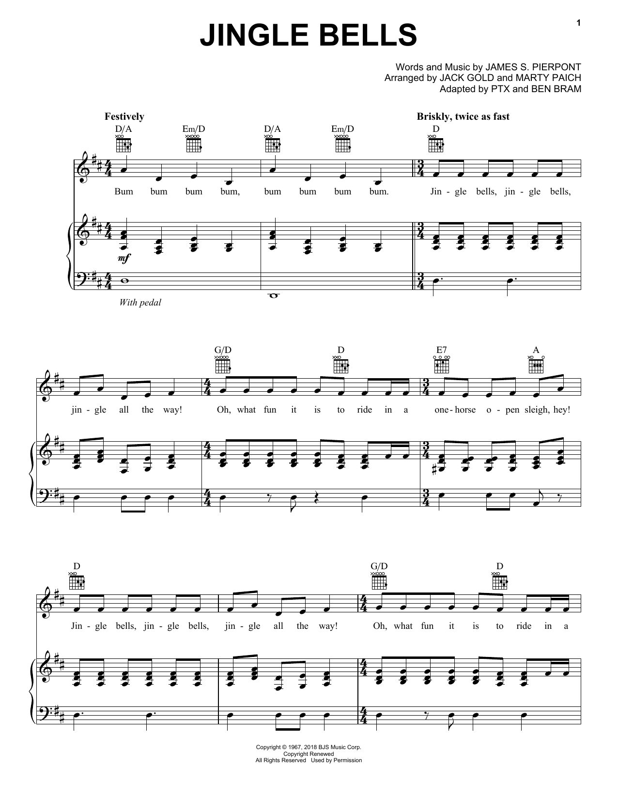 Pentatonix Jingle Bells sheet music notes and chords arranged for Piano, Vocal & Guitar Chords (Right-Hand Melody)