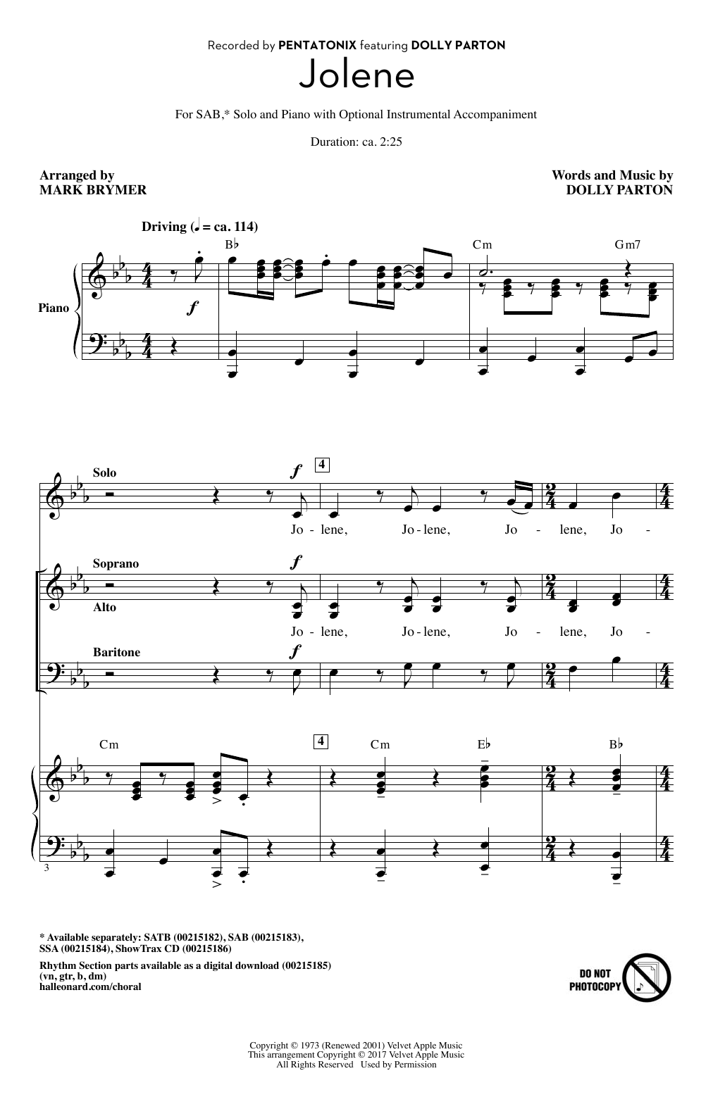 Pentatonix Jolene (feat. Dolly Parton) (arr. Mark Brymer) sheet music notes and chords arranged for SAB Choir