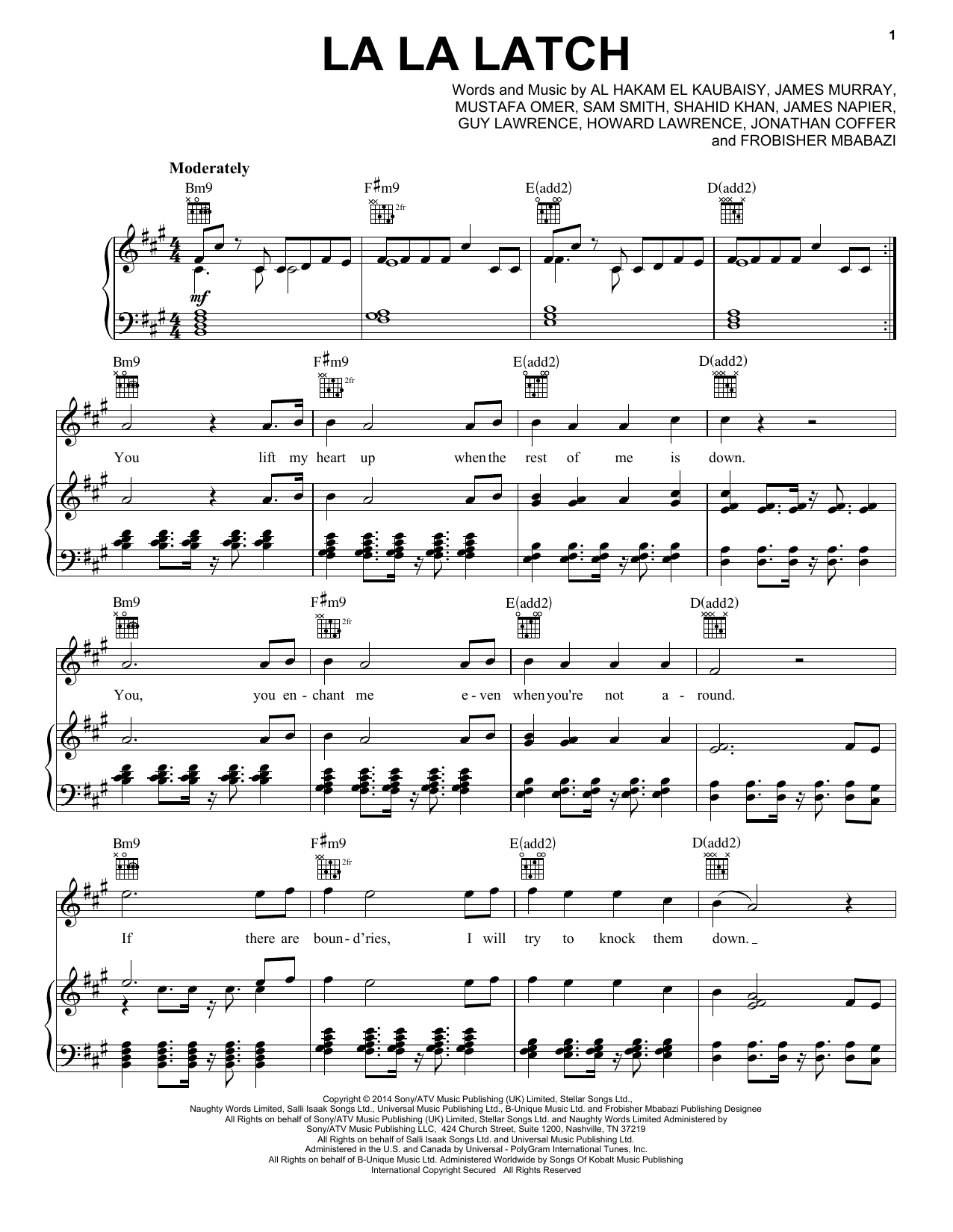 Pentatonix La La Latch sheet music notes and chords arranged for Piano, Vocal & Guitar Chords (Right-Hand Melody)