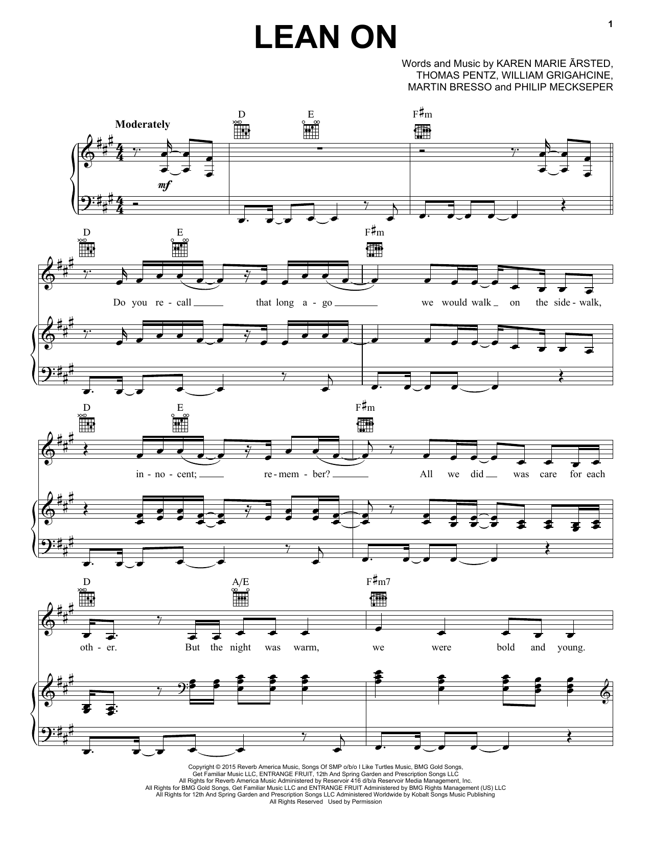 Pentatonix Lean On sheet music notes and chords arranged for Piano, Vocal & Guitar Chords (Right-Hand Melody)