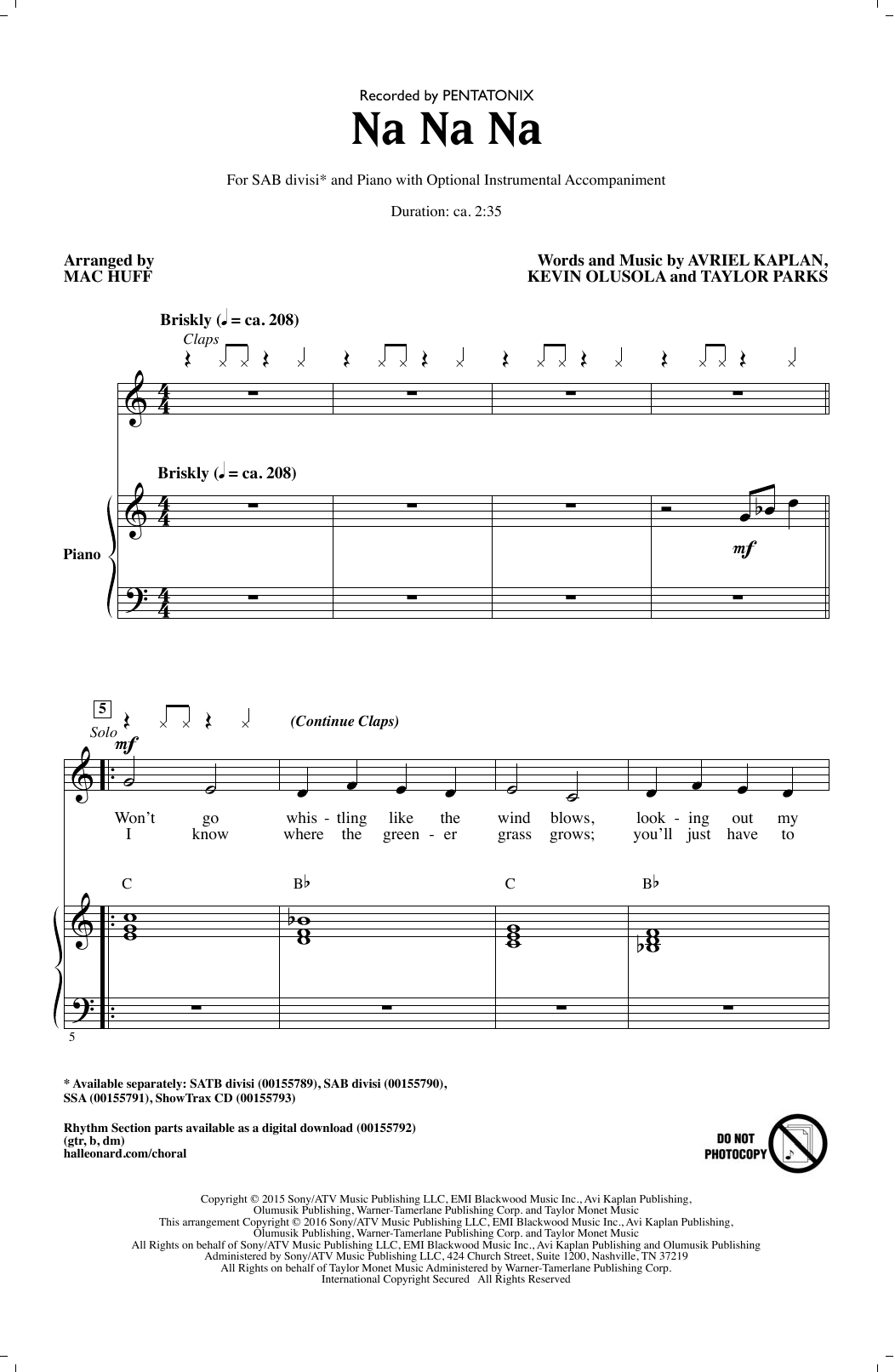 Pentatonix Na Na Na (arr. Mac Huff) sheet music notes and chords arranged for SSA Choir
