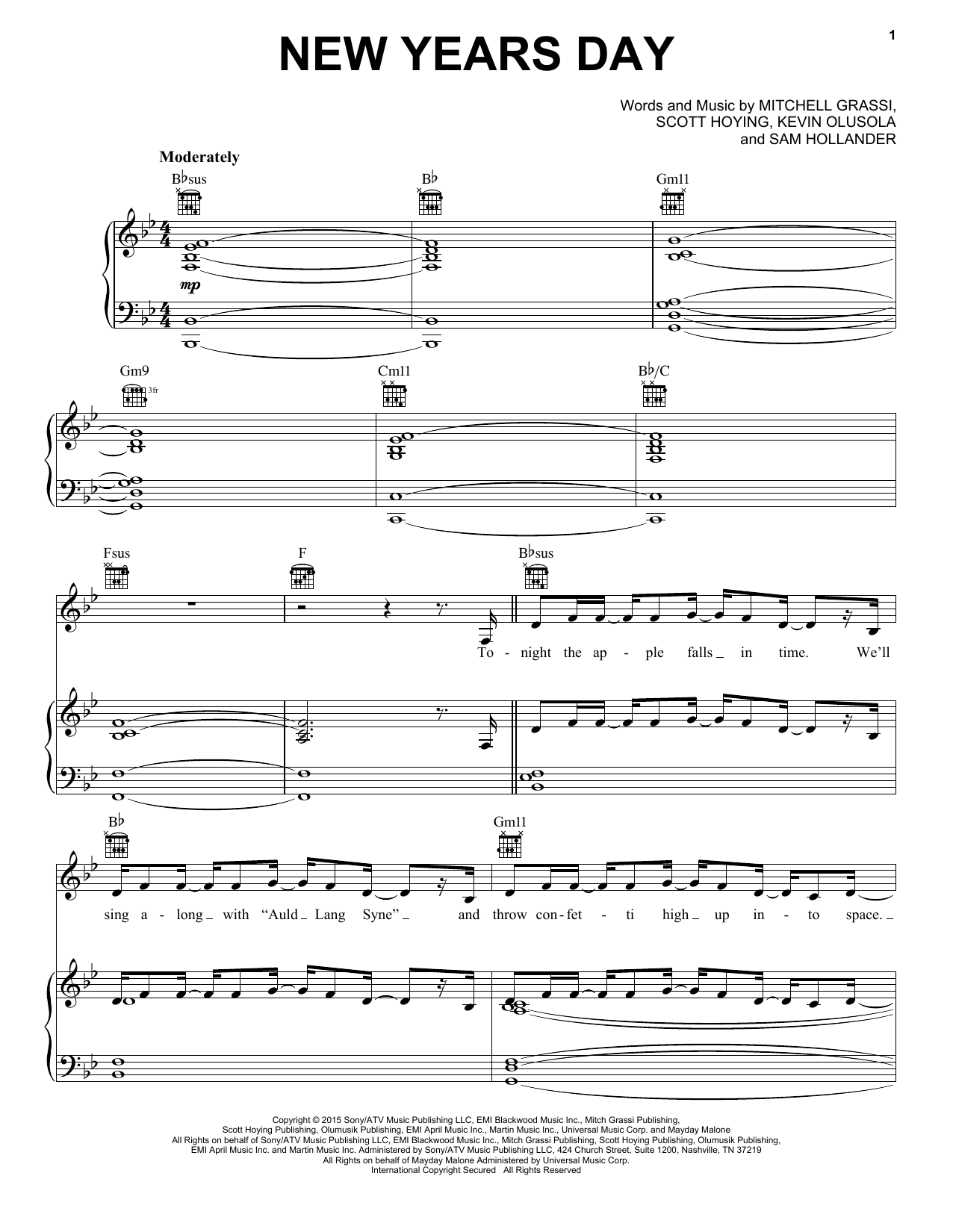 Pentatonix New Years Day sheet music notes and chords arranged for Piano, Vocal & Guitar Chords (Right-Hand Melody)