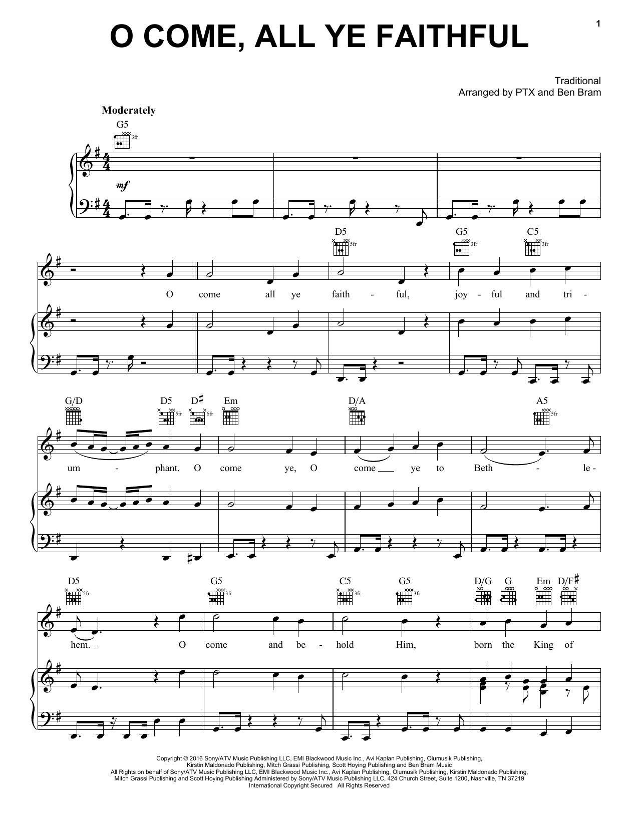 Pentatonix O Come, All Ye Faithful sheet music notes and chords arranged for Piano, Vocal & Guitar Chords (Right-Hand Melody)