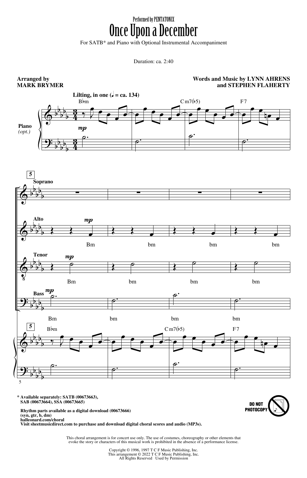 Pentatonix Once Upon A December (from Anastasia) (arr. Mark Brymer) sheet music notes and chords arranged for SATB Choir