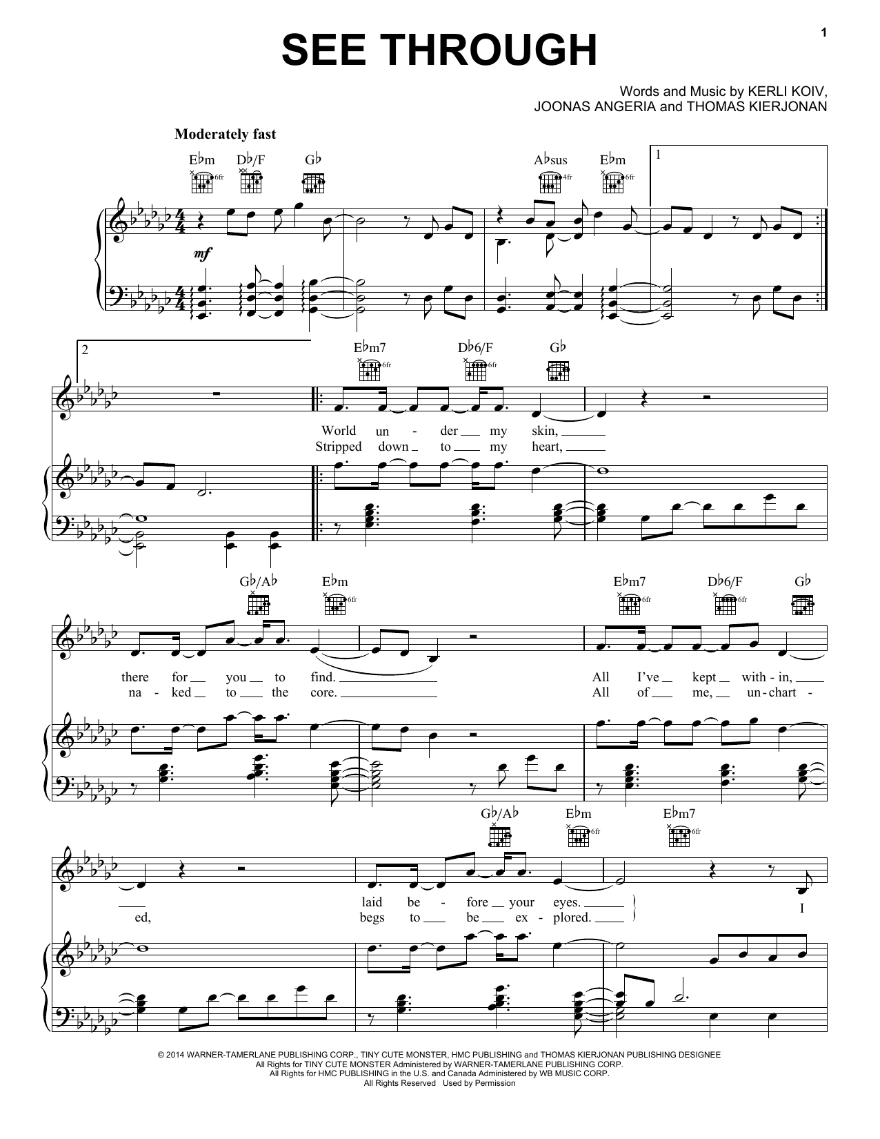Pentatonix See Through sheet music notes and chords arranged for Piano, Vocal & Guitar Chords (Right-Hand Melody)