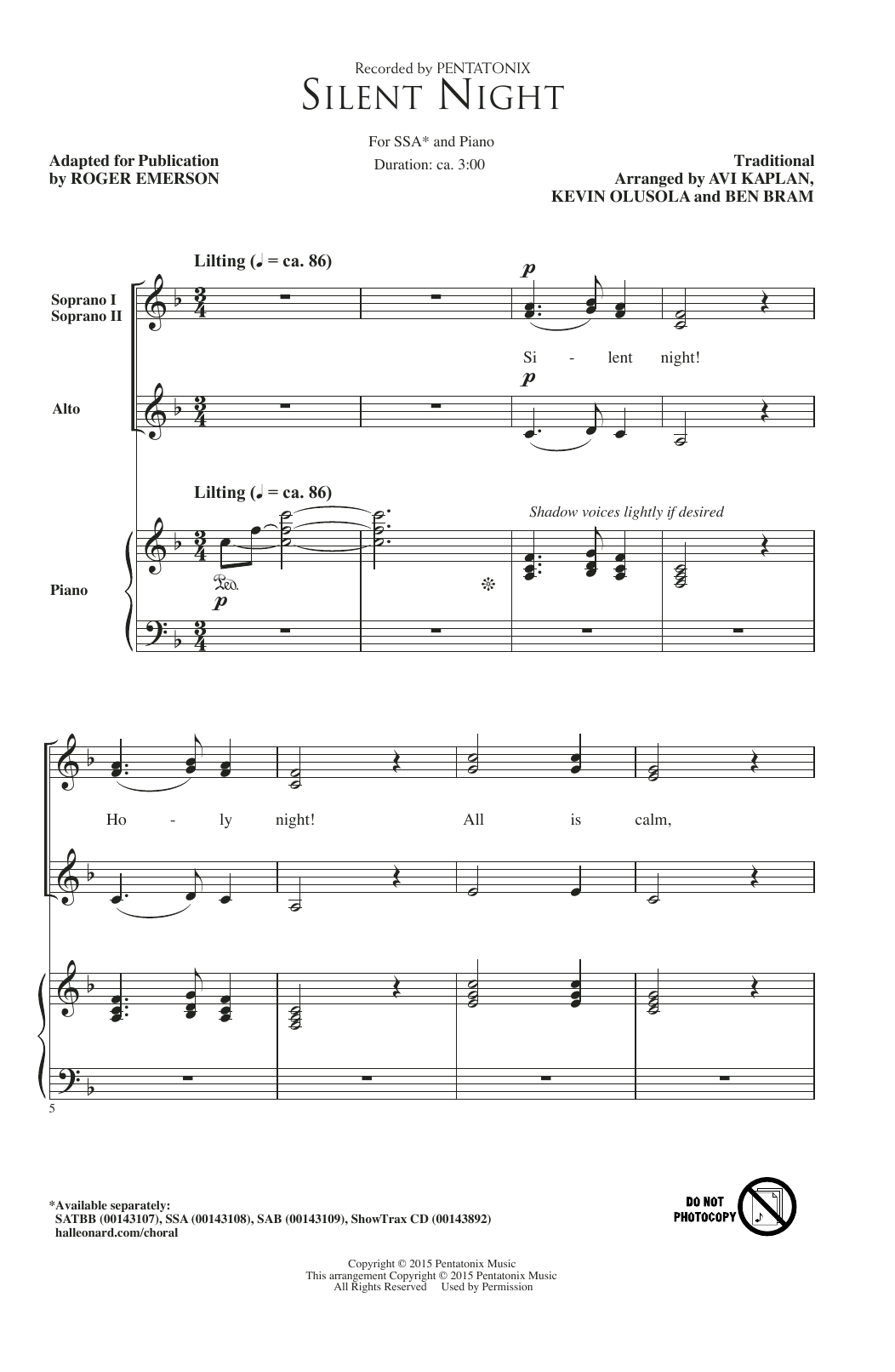 Pentatonix Silent Night (adapt. Roger Emerson) sheet music notes and chords arranged for SATBB Choir