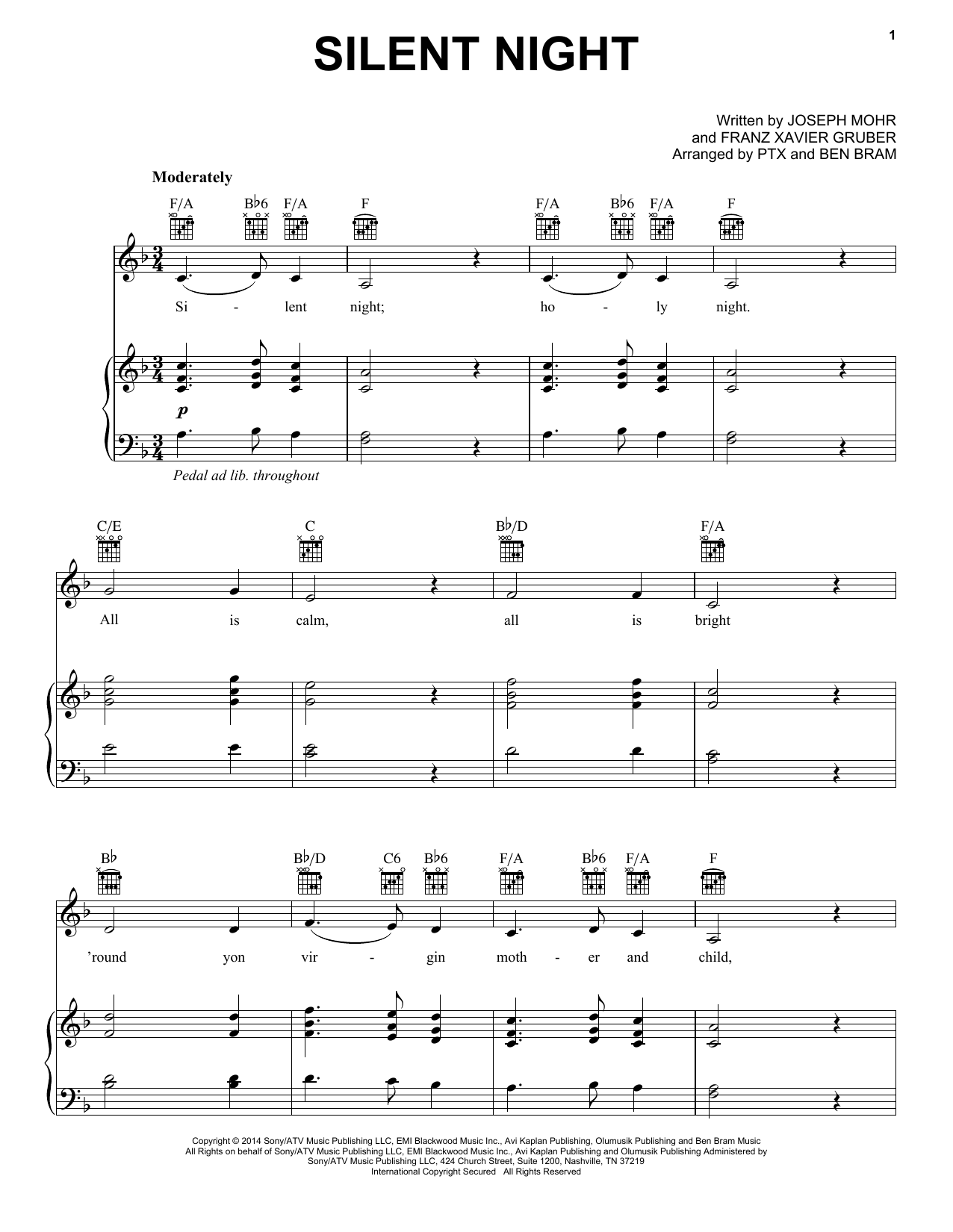 Pentatonix Silent Night sheet music notes and chords arranged for Piano, Vocal & Guitar Chords (Right-Hand Melody)