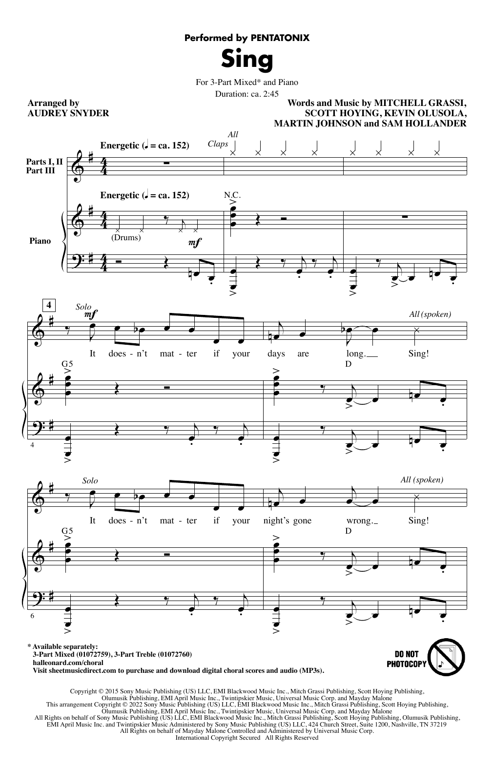 Pentatonix Sing (arr. Audrey Snyder) sheet music notes and chords arranged for 3-Part Mixed Choir