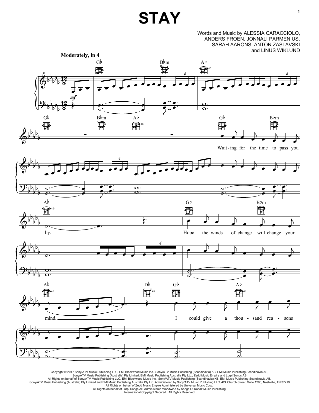 Pentatonix Stay sheet music notes and chords arranged for Piano, Vocal & Guitar Chords (Right-Hand Melody)