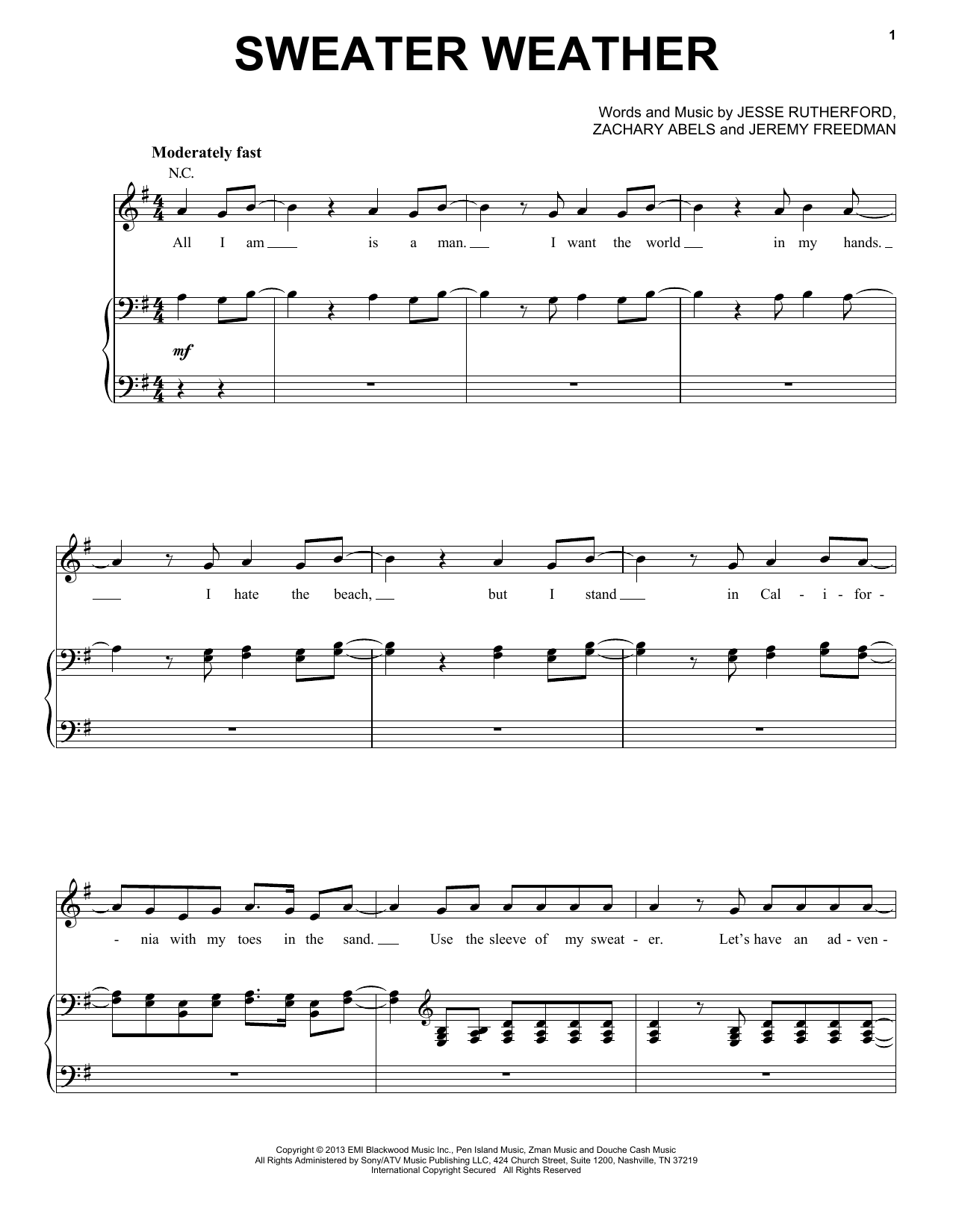 Pentatonix Sweater Weather sheet music notes and chords arranged for Piano, Vocal & Guitar Chords (Right-Hand Melody)