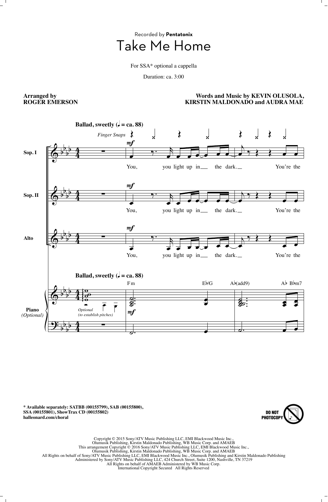 Pentatonix Take Me Home (arr. Roger Emerson) sheet music notes and chords arranged for SAB Choir