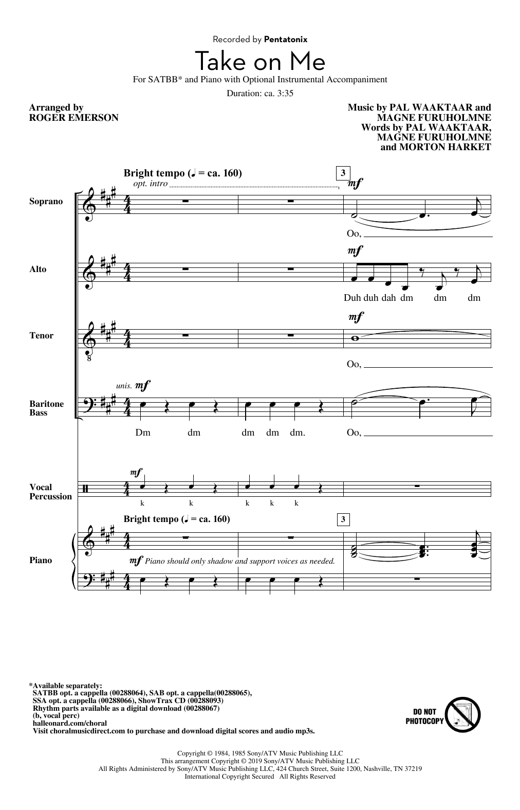 Pentatonix Take On Me (arr. Roger Emerson) sheet music notes and chords arranged for SATBB Choir
