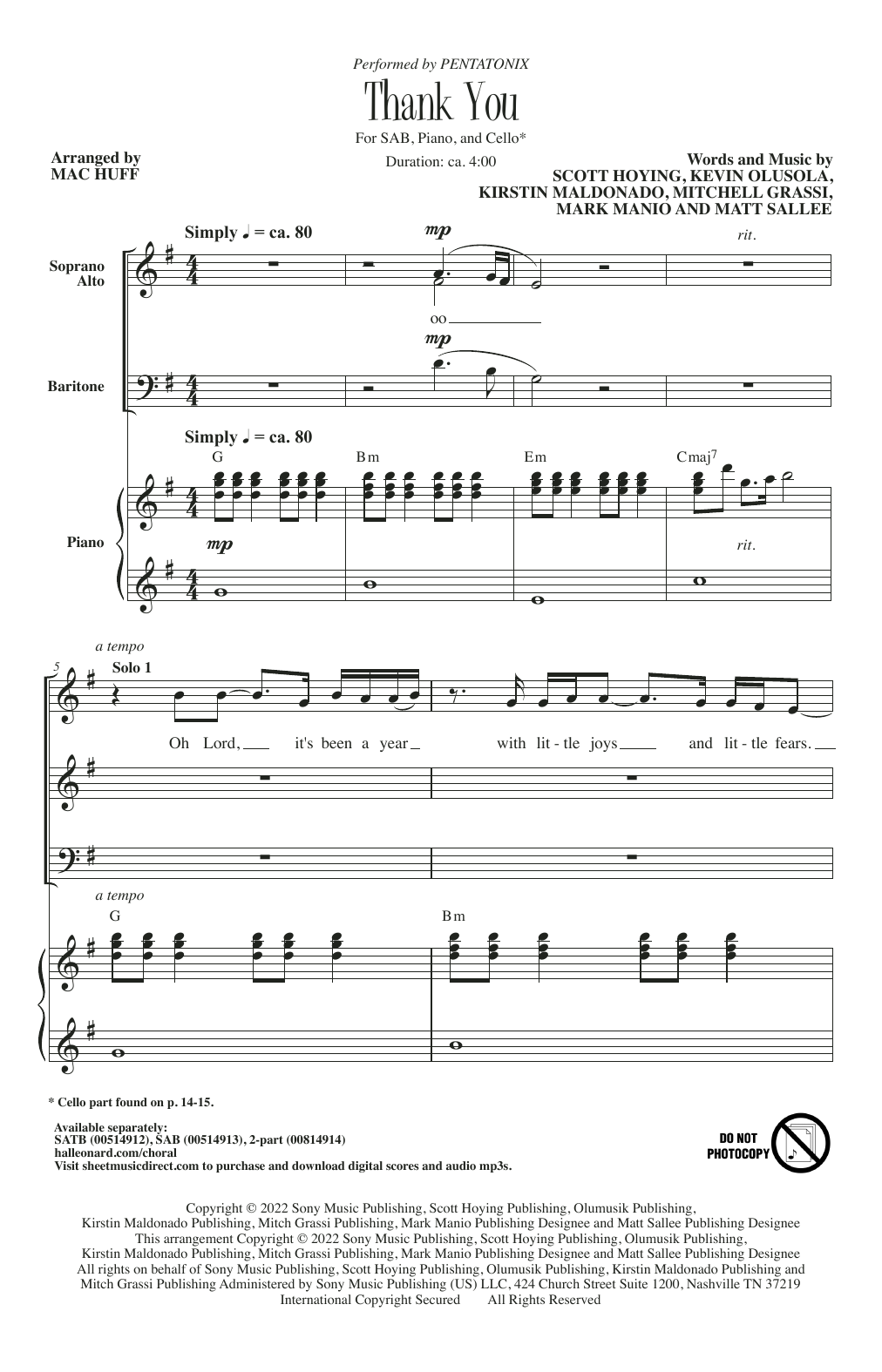 Pentatonix Thank You (arr. Mac Huff) sheet music notes and chords arranged for SAB Choir