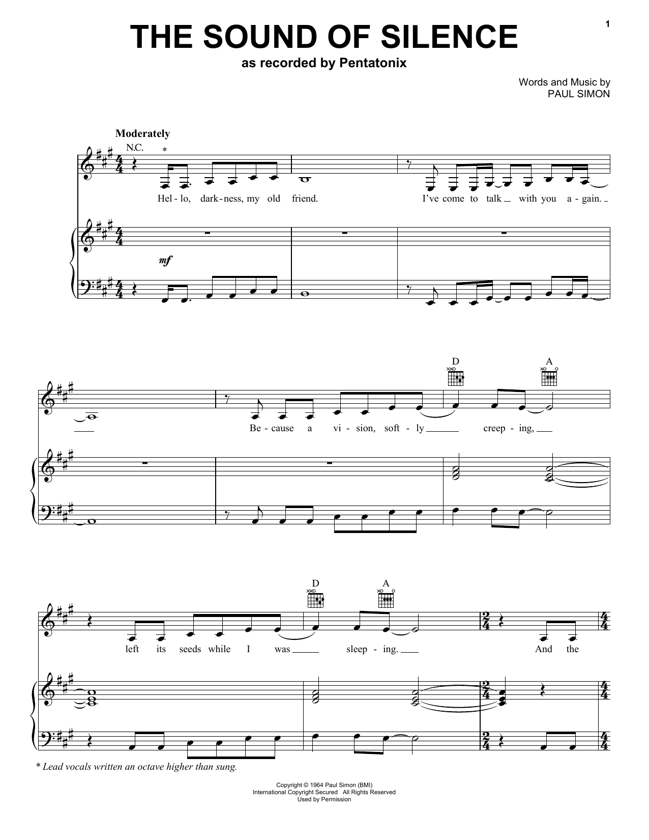 Pentatonix The Sound Of Silence sheet music notes and chords arranged for Piano, Vocal & Guitar Chords (Right-Hand Melody)