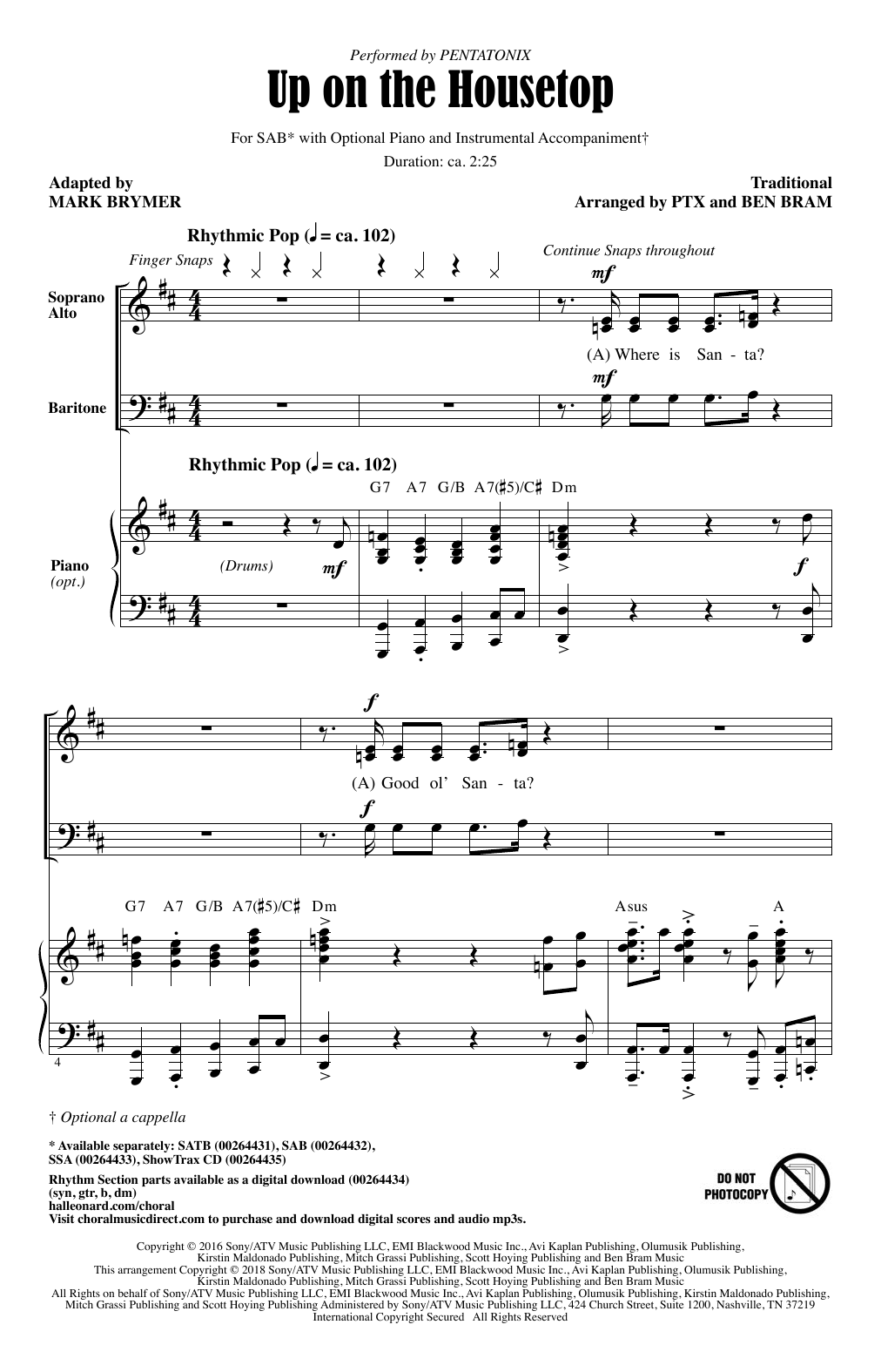Pentatonix Up On The Housetop (adapt. Mark Brymer) sheet music notes and chords arranged for SAB Choir