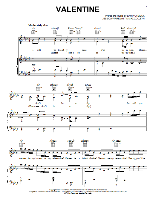 Pentatonix Valentine sheet music notes and chords arranged for Piano, Vocal & Guitar Chords (Right-Hand Melody)