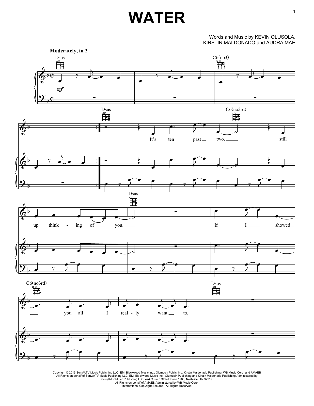 Pentatonix Water sheet music notes and chords arranged for Piano, Vocal & Guitar Chords (Right-Hand Melody)