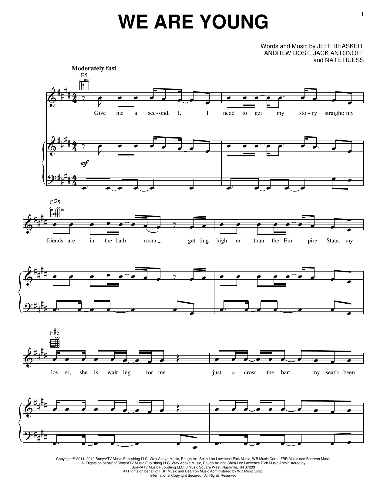Pentatonix We Are Young sheet music notes and chords arranged for Piano, Vocal & Guitar Chords (Right-Hand Melody)