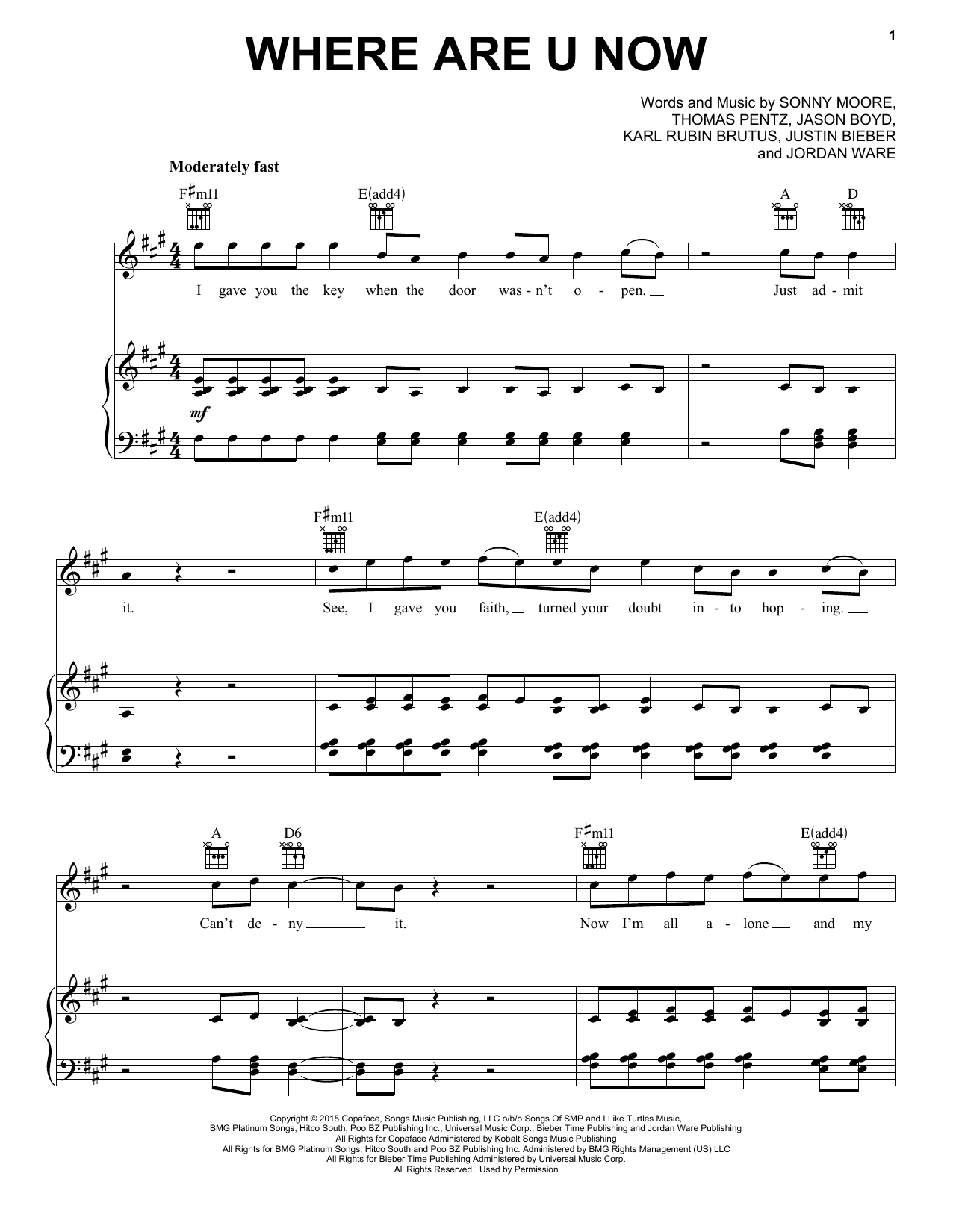 Pentatonix Where Are U Now sheet music notes and chords arranged for Piano, Vocal & Guitar Chords (Right-Hand Melody)