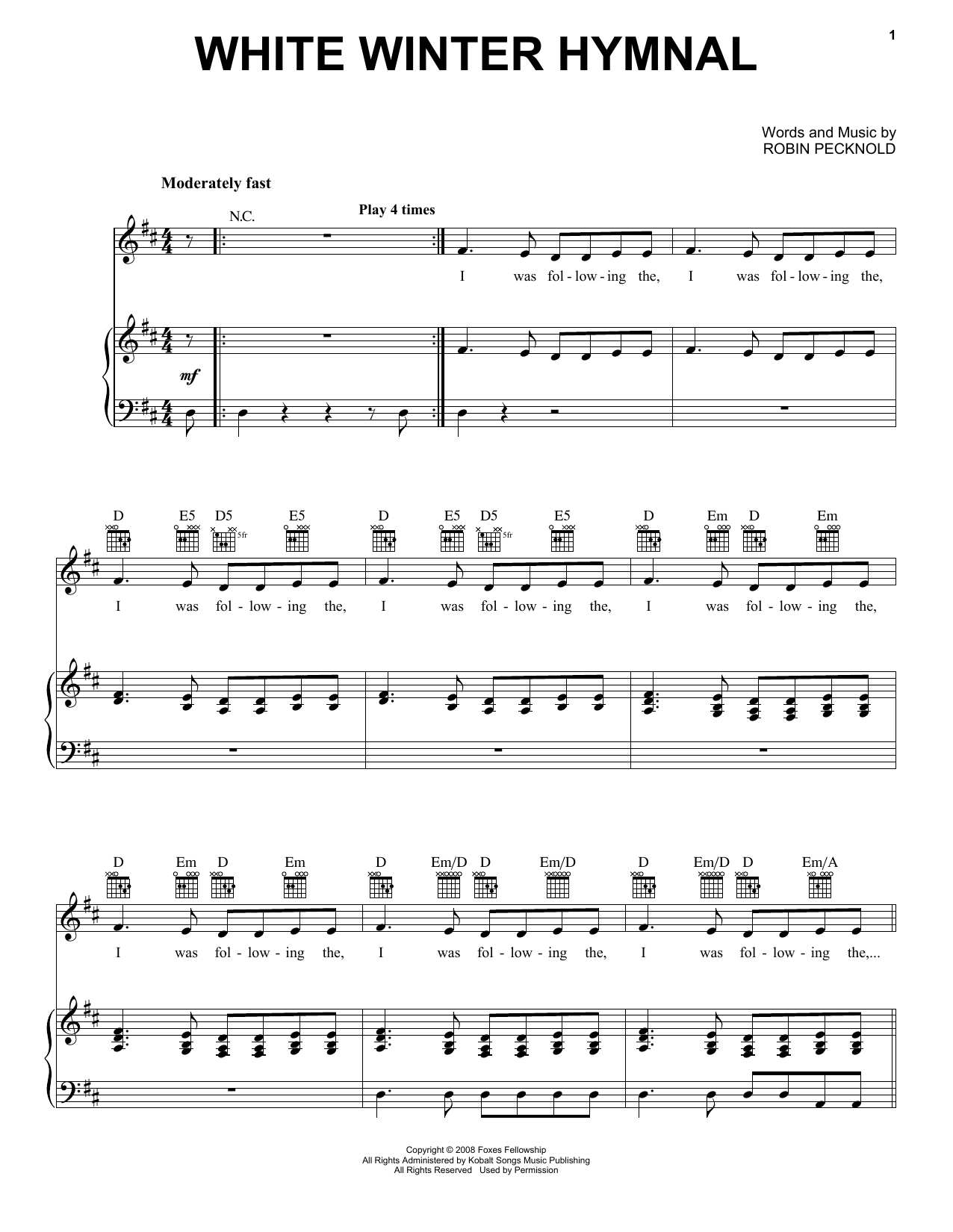 Pentatonix White Winter Hymnal sheet music notes and chords arranged for Piano, Vocal & Guitar Chords (Right-Hand Melody)