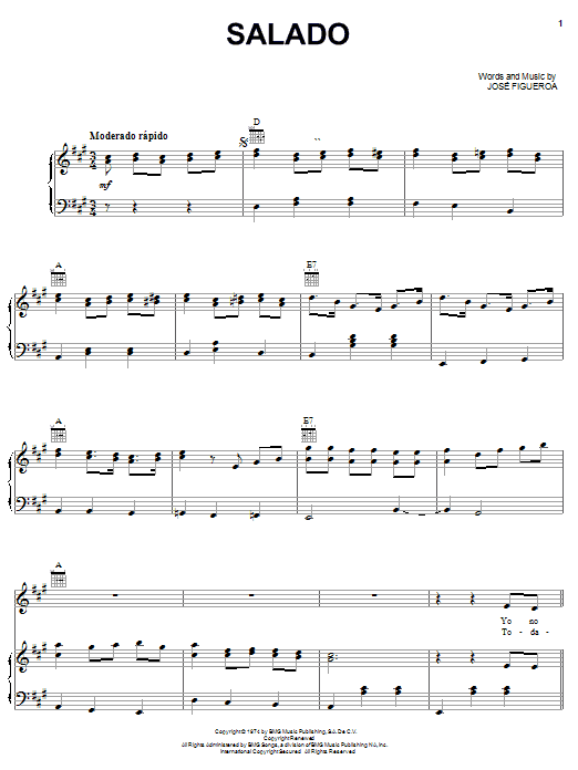 Pepe Aguilar Salado sheet music notes and chords arranged for Piano, Vocal & Guitar Chords (Right-Hand Melody)