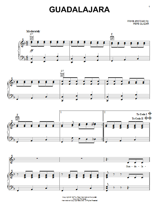 Pepe Guizar Guadalajara sheet music notes and chords arranged for Piano, Vocal & Guitar Chords (Right-Hand Melody)