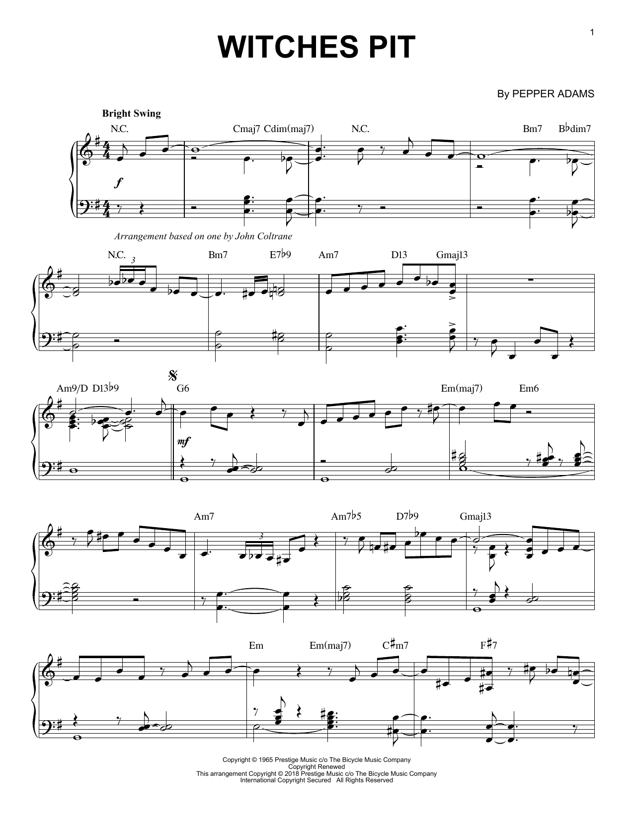 Pepper Adams Witches Pit sheet music notes and chords arranged for Piano Solo