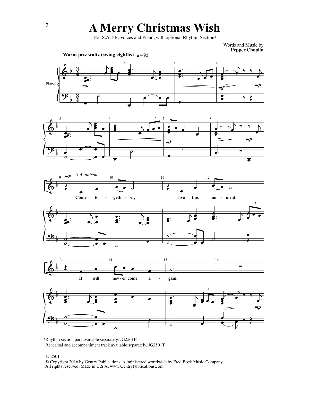 Pepper Choplin A Merry Christmas Wish sheet music notes and chords arranged for SATB Choir