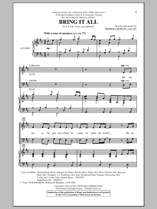 Pepper Choplin Bring It All sheet music notes and chords arranged for SATB Choir