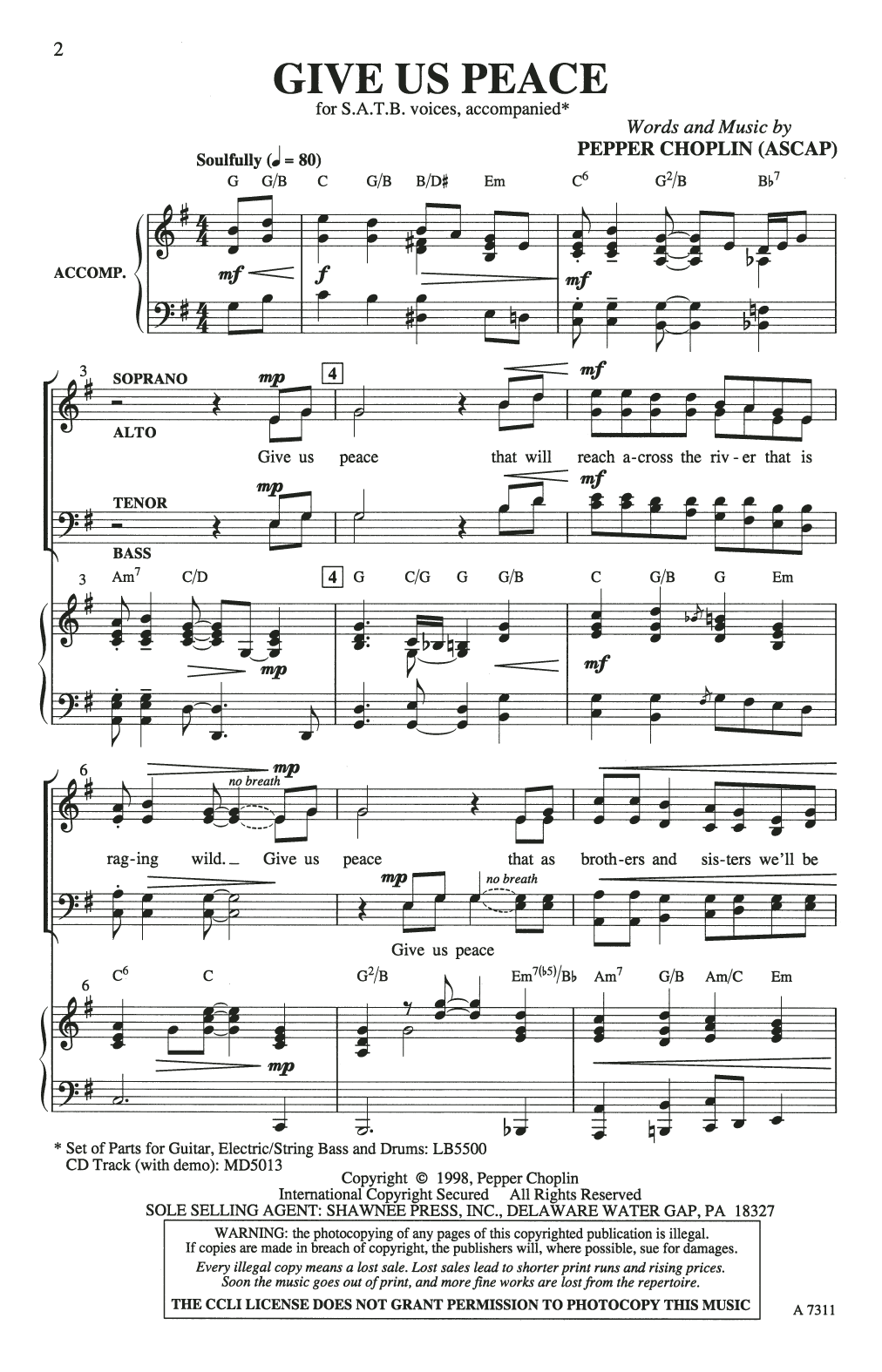Pepper Choplin Give Us Peace sheet music notes and chords arranged for SATB Choir