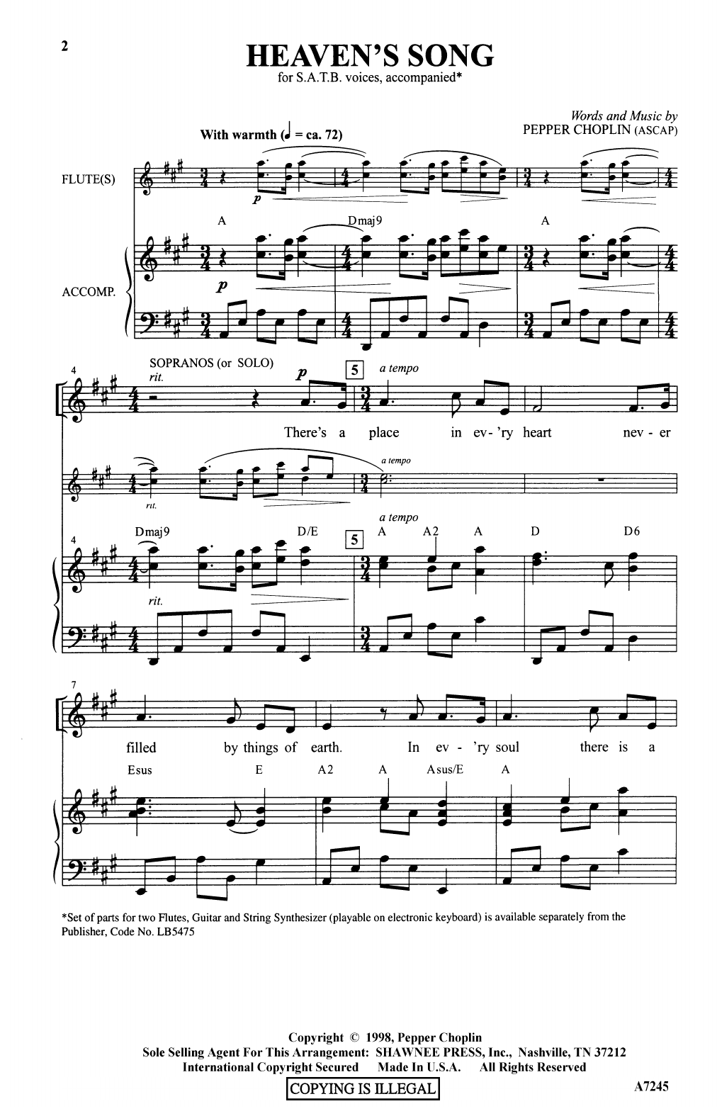 Pepper Choplin Heaven's Song sheet music notes and chords arranged for SATB Choir