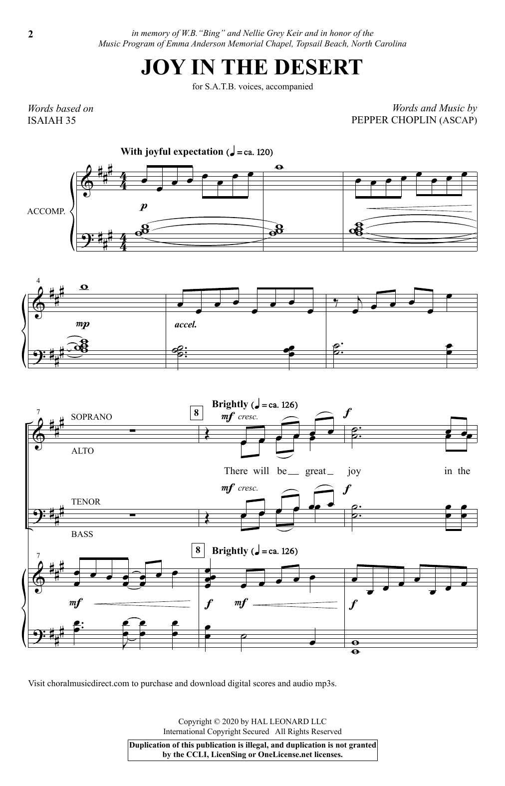 Pepper Choplin Joy In The Desert sheet music notes and chords arranged for SATB Choir