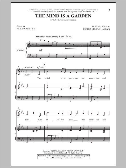Pepper Choplin The Mind Is A Garden sheet music notes and chords arranged for SATB Choir