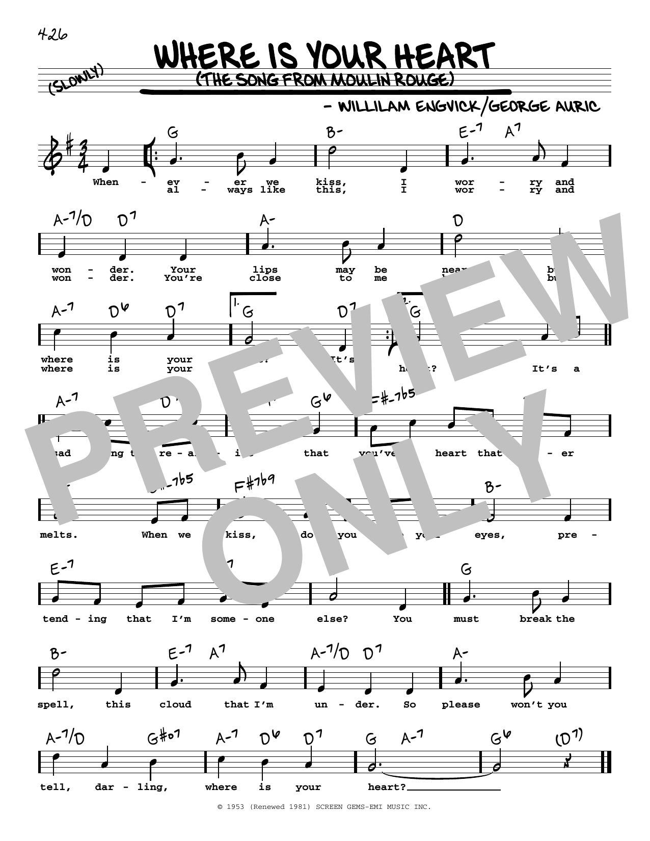 Percy Faith and His Orchestra Where Is Your Heart (from Moulin Rouge) (High Voice) sheet music notes and chords arranged for Real Book – Melody, Lyrics & Chords