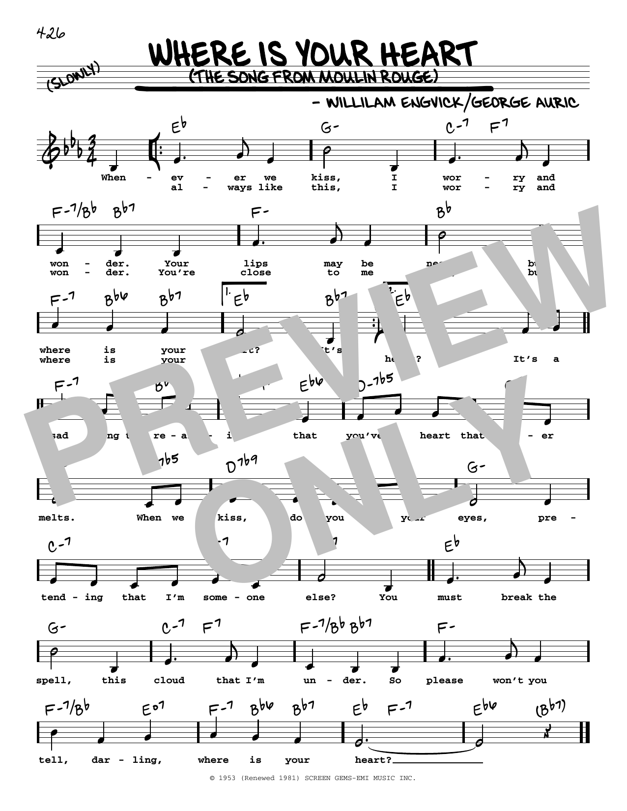 Percy Faith and His Orchestra Where Is Your Heart (The Song From Moulin Rouge) (Low Voice) sheet music notes and chords arranged for Real Book – Melody, Lyrics & Chords