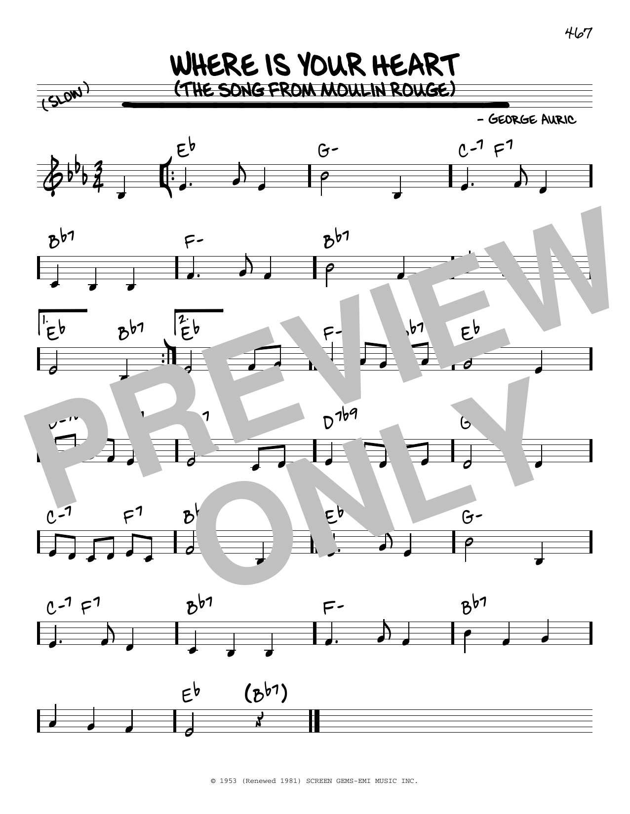 Percy Faith and His Orchestra Where Is Your Heart (The Song From Moulin Rouge) sheet music notes and chords arranged for Real Book – Melody & Chords