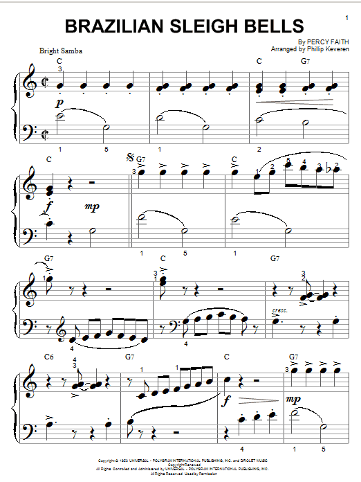 Percy Faith Brazilian Sleigh Bells (arr. Phillip Keveren) sheet music notes and chords arranged for Big Note Piano