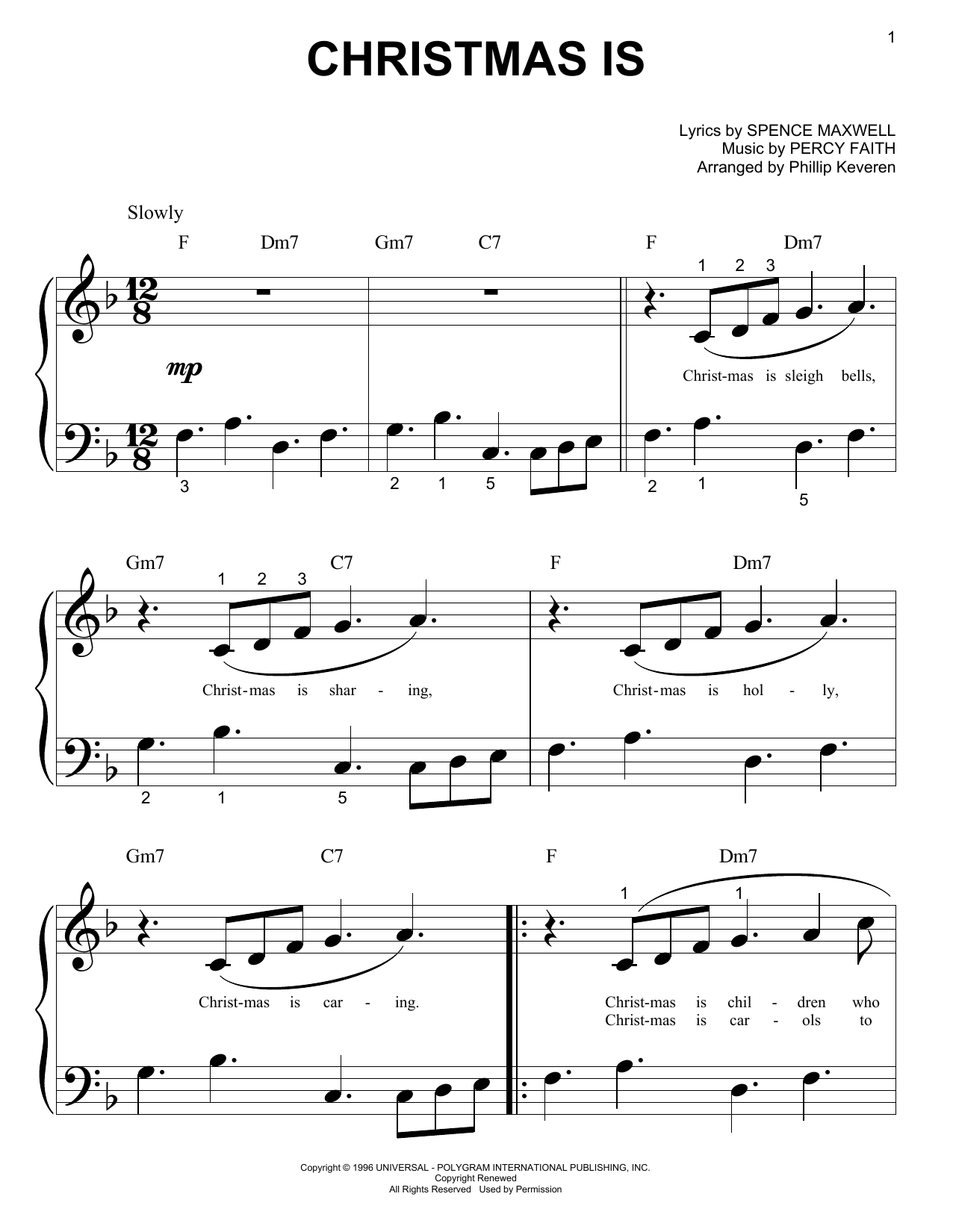 Percy Faith Christmas Is (arr. Phillip Keveren) sheet music notes and chords arranged for Big Note Piano
