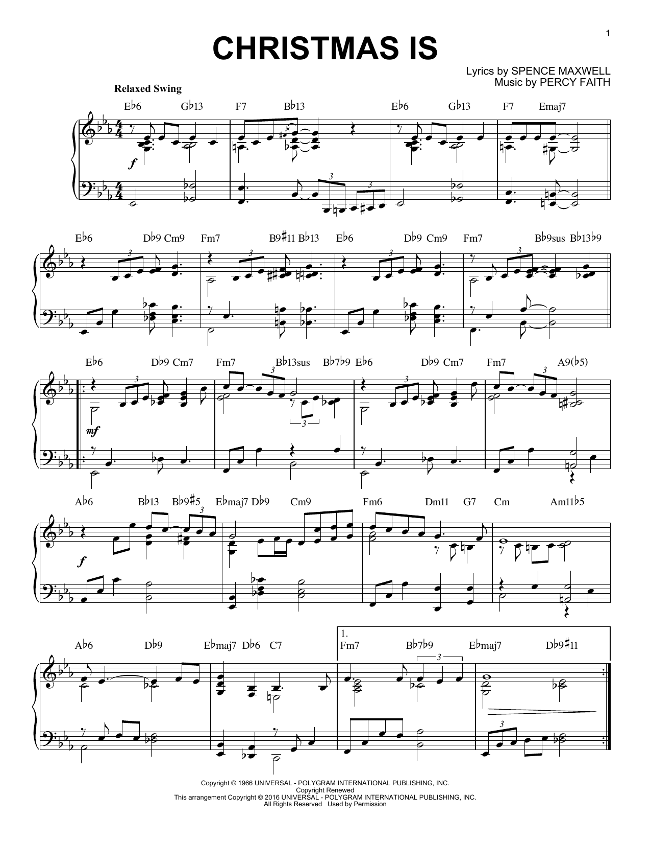 Percy Faith Christmas Is [Jazz version] (arr. Brent Edstrom) sheet music notes and chords arranged for Piano Solo