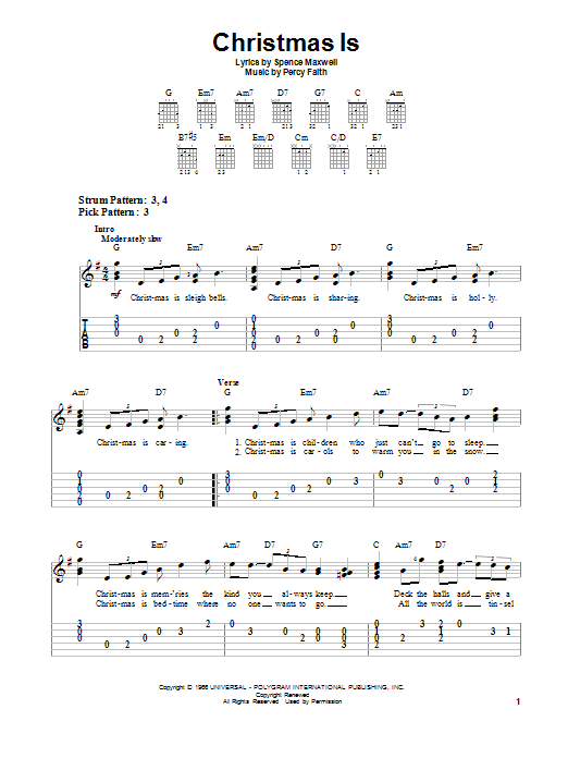 Percy Faith Christmas Is sheet music notes and chords arranged for Easy Guitar Tab