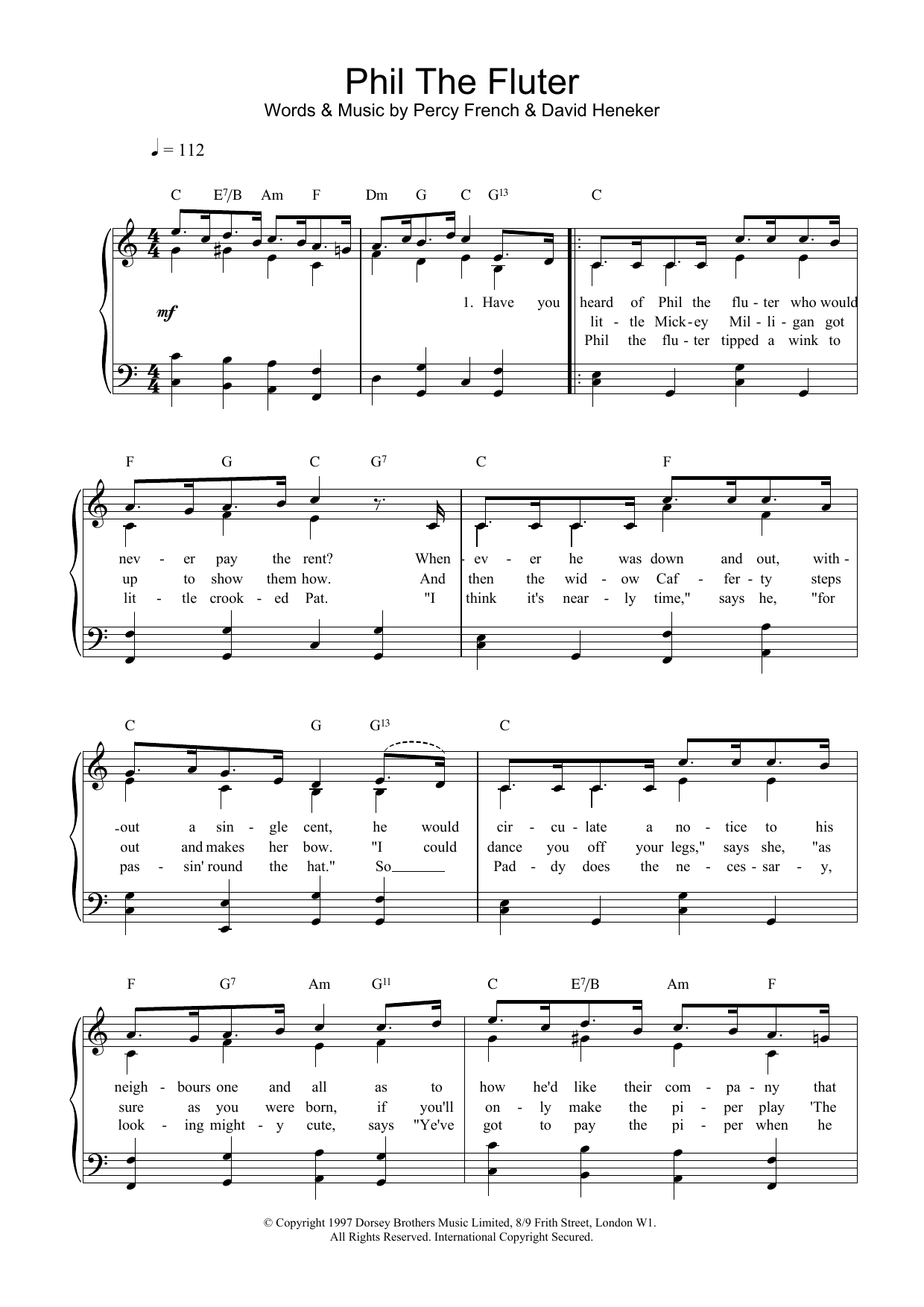 Percy French Phil The Fluter sheet music notes and chords arranged for Piano, Vocal & Guitar Chords
