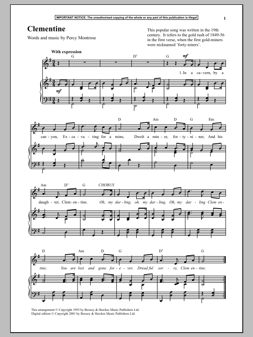 Percy Montrose Clementine sheet music notes and chords arranged for Piano & Vocal