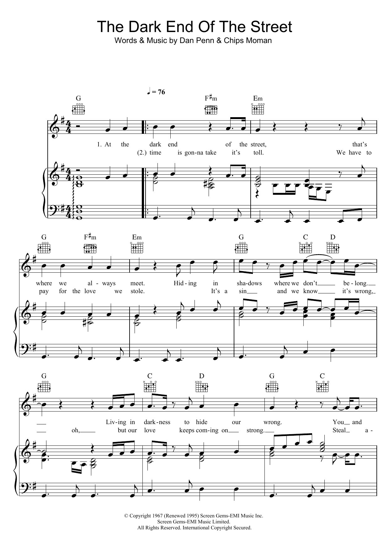 Percy Sledge The Dark End Of The Street sheet music notes and chords arranged for Piano, Vocal & Guitar Chords